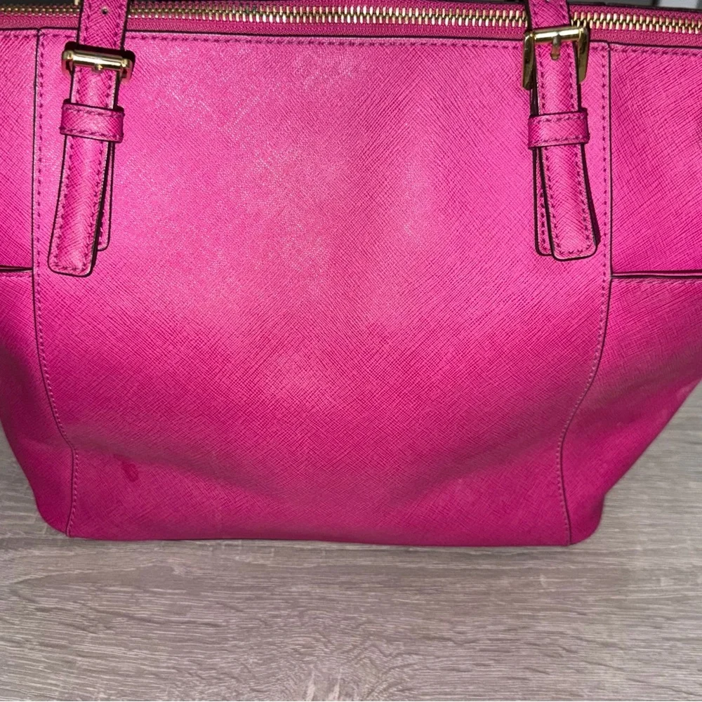 Michael Kors Hot Pink Saffiano Leather Tote with MK Charm - Picture 2 of 3